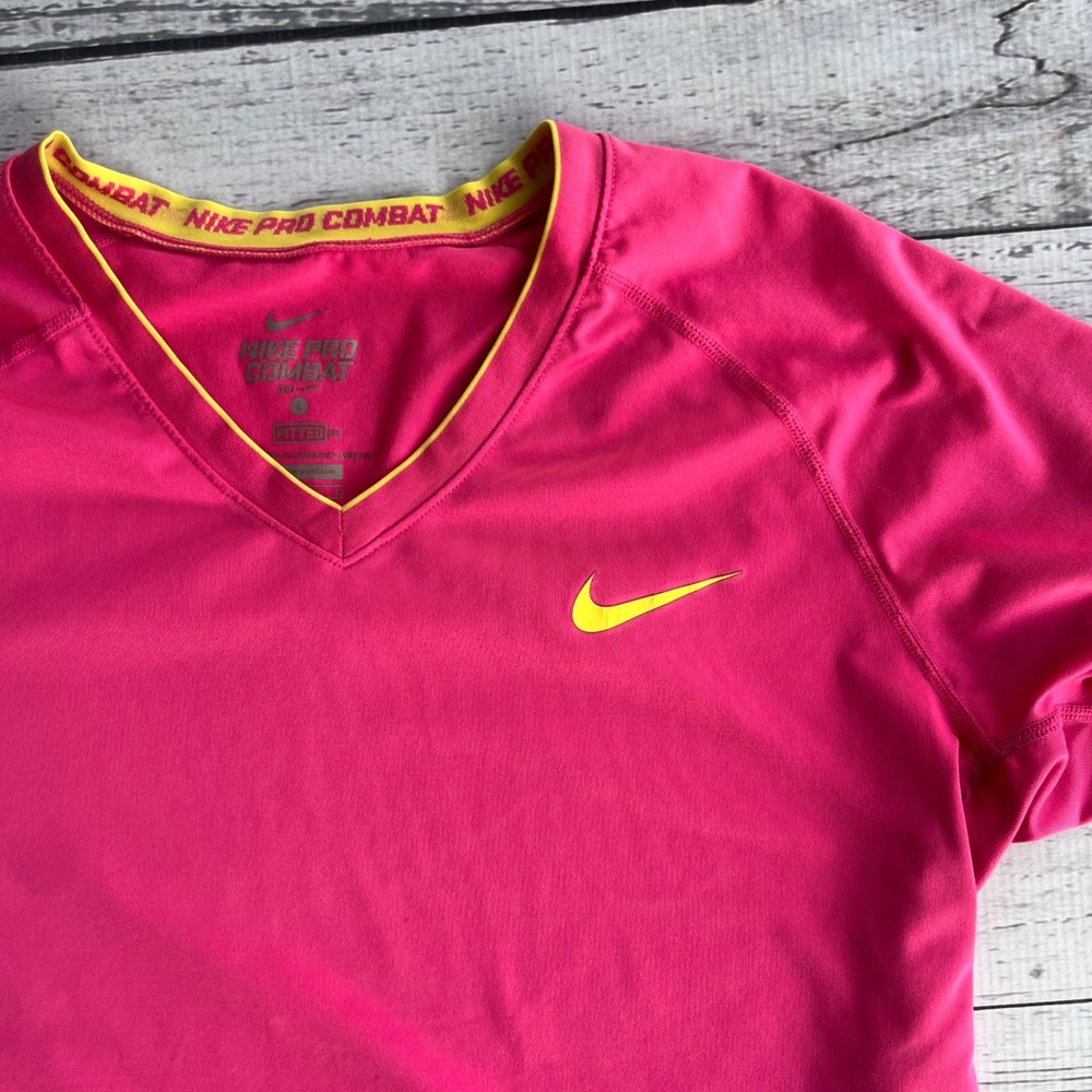 Nike Pro Combat Dri-FIT Pink Fitted V-Neck Training Shirt Womens L
